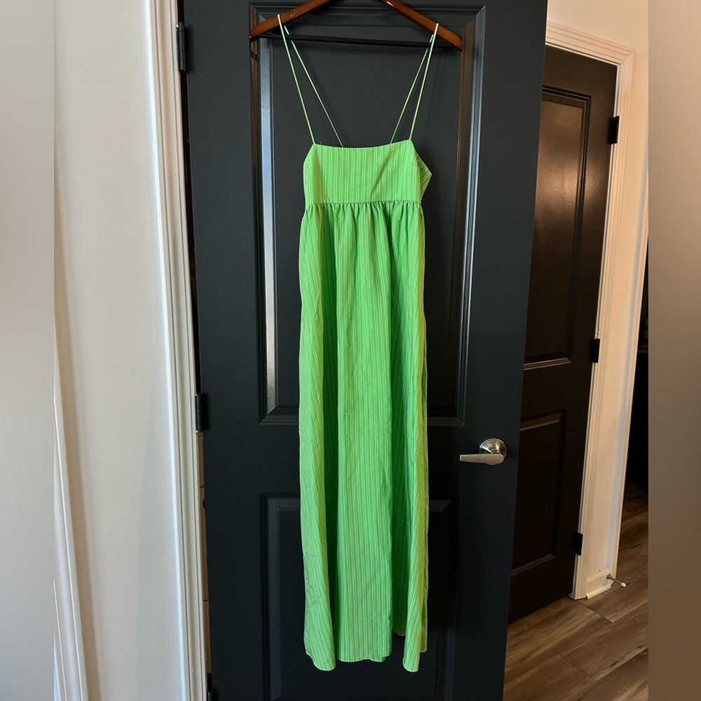 ZARA green dress, pink and white stripes